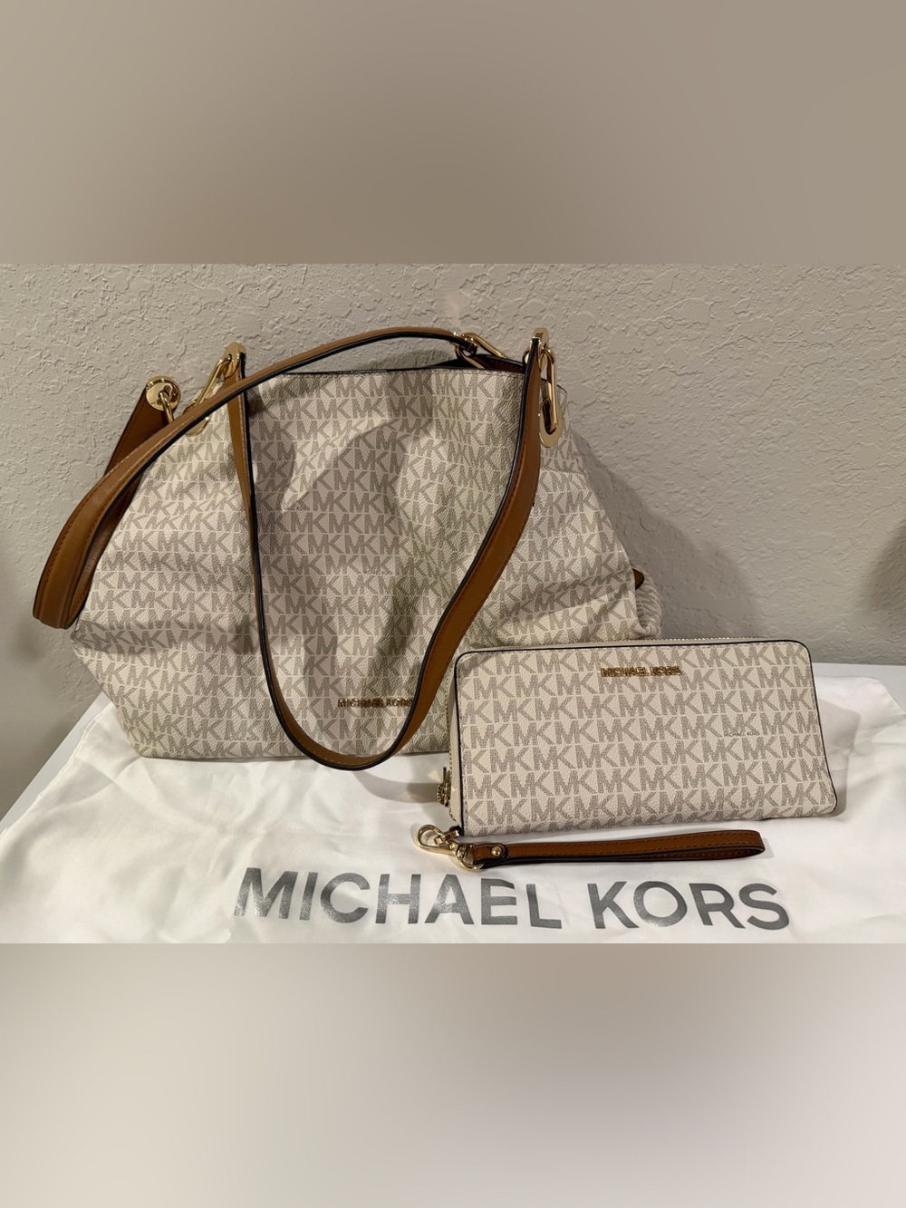 Michael Kors Cream MK Logo Tote with Tan Trim and Wallet